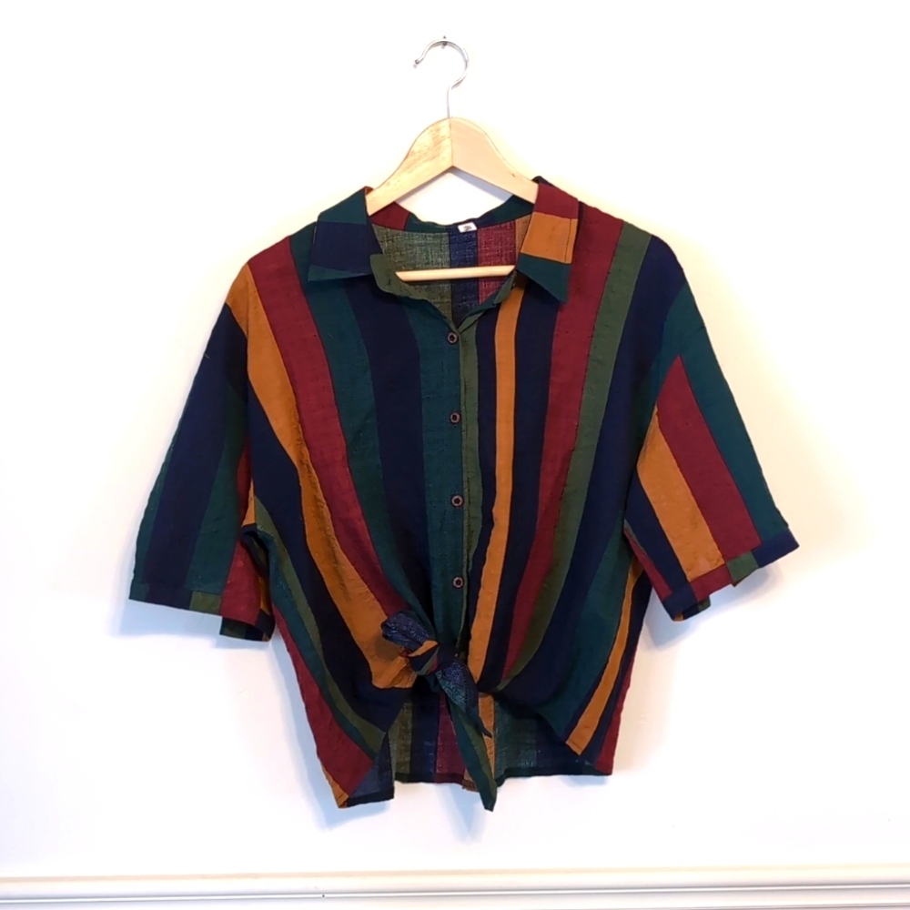 Striped front-tie cotton shirt